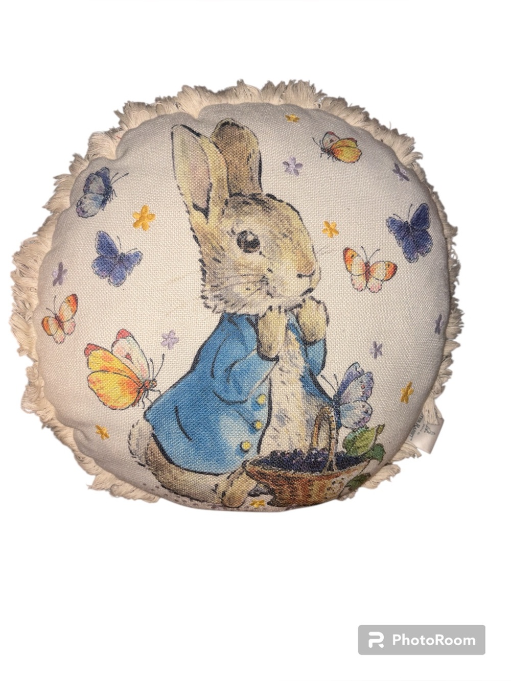 Peter Rabbit Beatrix Potter Decorative Round Throw Pillow 16 in W/Fringe